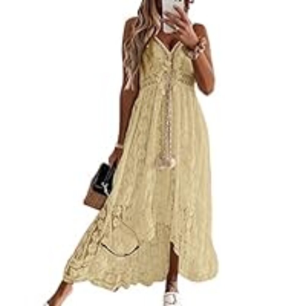 CUPSHE Yellow, Summer Dresses Maxi Sun Dress, Casual Flowy Spaghetti Straps, MED